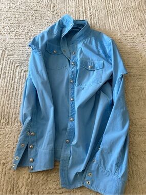 Balmain Light Blue Distressed Button-Front Shirt Jacket